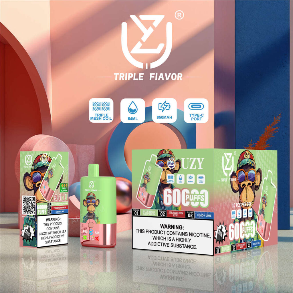 Das Gerät uzy triple flavor 60000 wird zusammen mit seinen Einzelhandels- und Großhandelsverpackungen präsentiert