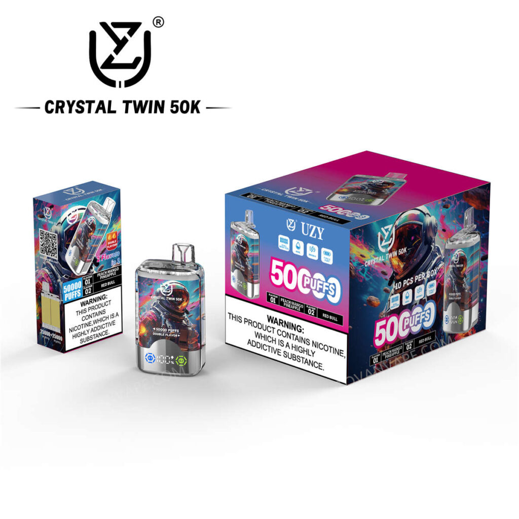 Ansicht von uzy, crystal twin 50k, peach mango pineapple und red bull mit Einzelhandels- und Großhandelsverpackungen