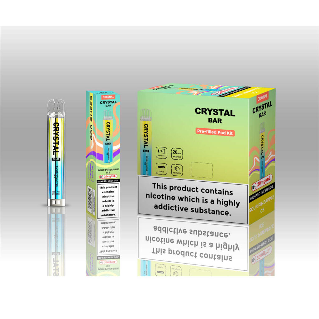 Wga Crystal Bar 600 in Sour Pineapple Ice – Abbildung der Einzelhandelsverpackung und der Großhandels-Sammelverpackung Wga Crystal Bar 600 in Sour Pineapple Ice – Abbildung der Einzelhandelsverpackung und der Großhandels-Sammelverpackung